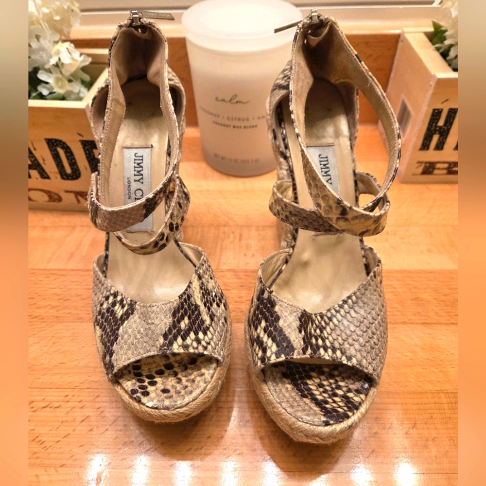 Jimmy Choo Snake Embossed Heels Espadrille Sandals Platform Python 37/6.5 - Picture 2 of 10
